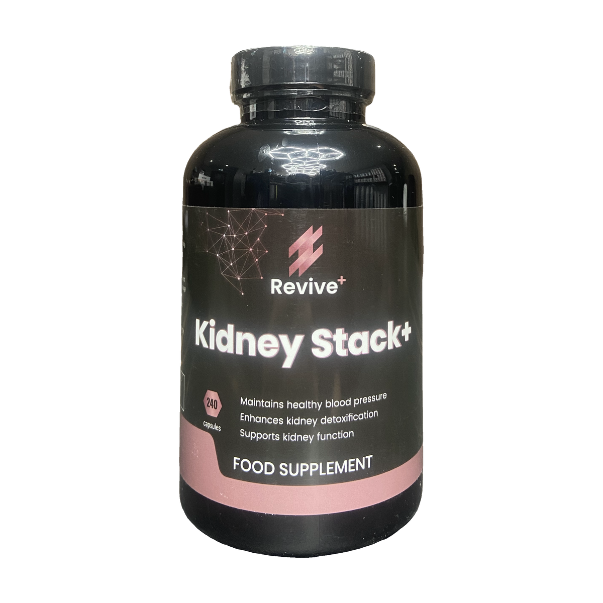 Black supplement bottle labeled 'Kidney Stack+' by Revive on a white background