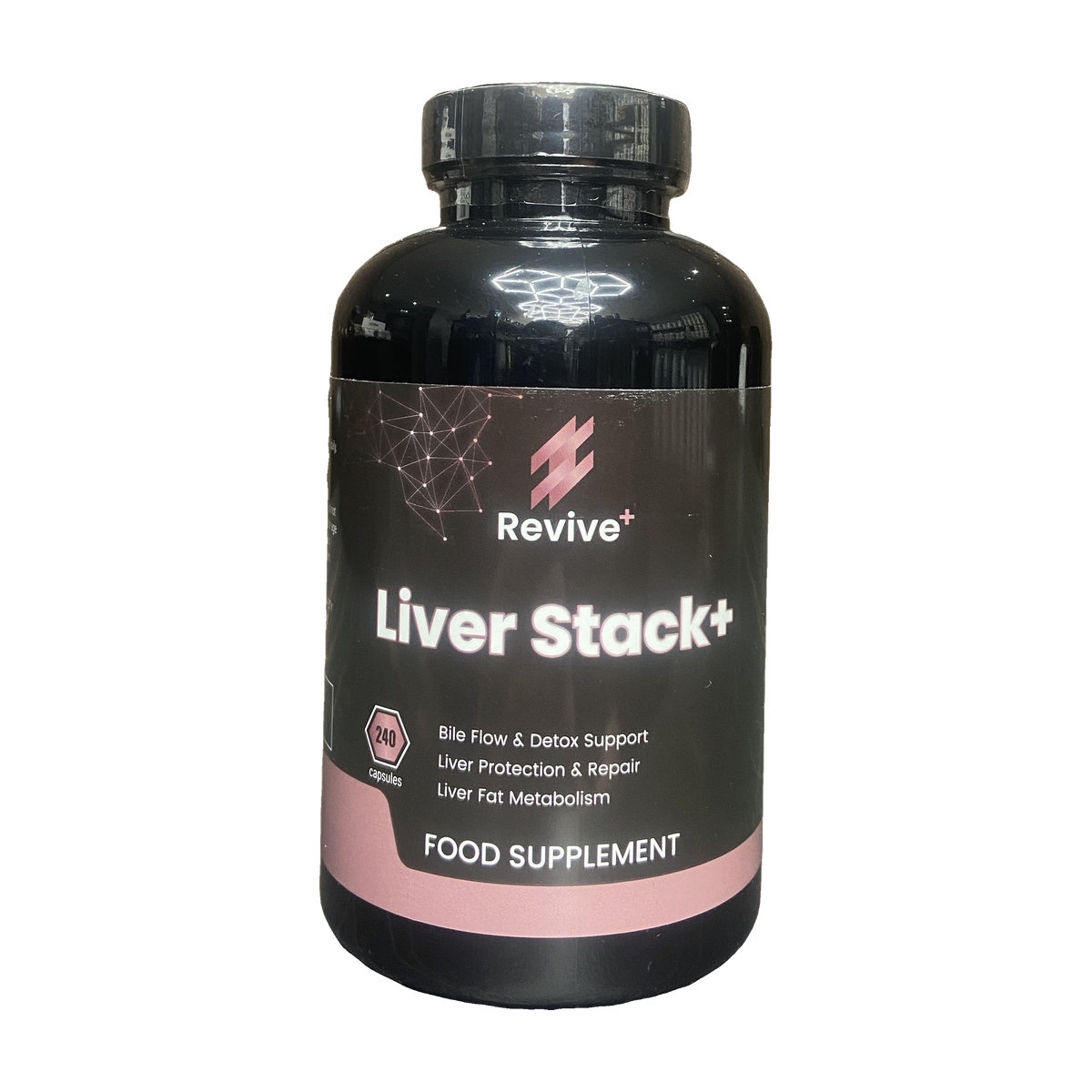 Black supplement bottle labeled 'Liver Stack+' by Revive on a white background
