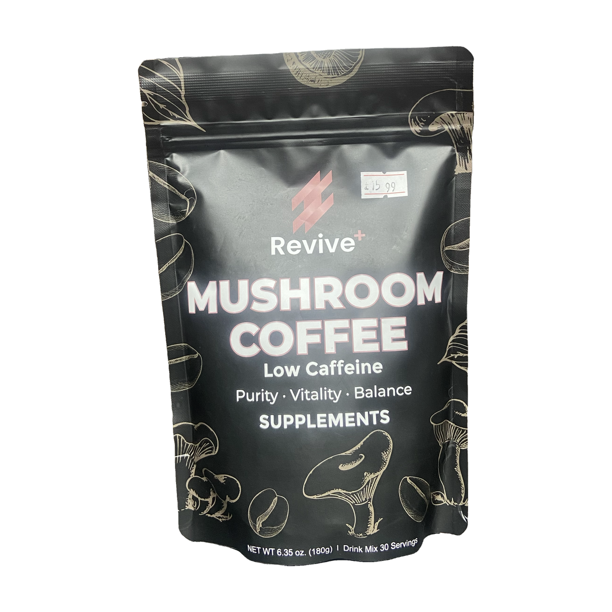 Black package of Revive Mushroom Coffee on a white background