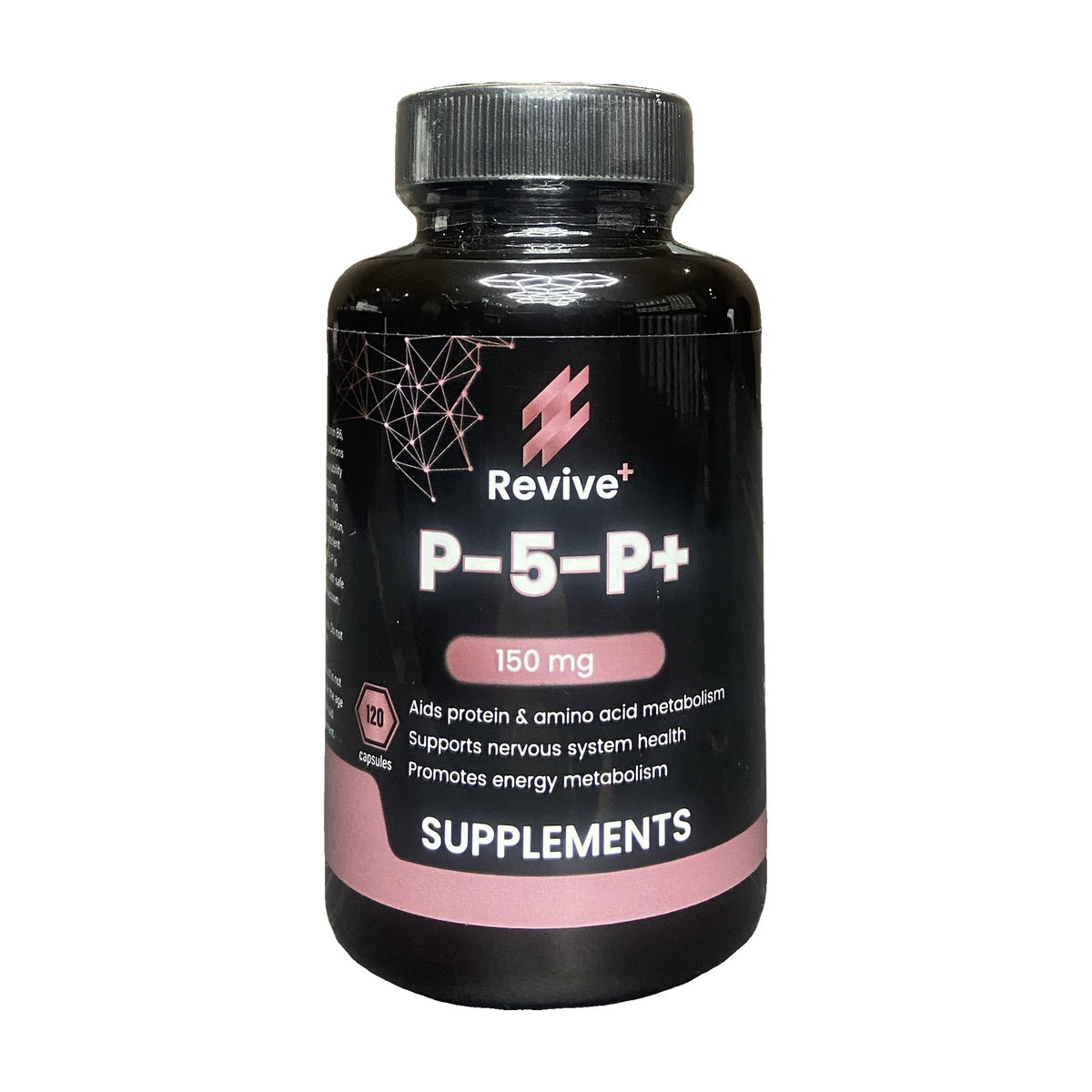 Supplement bottle labeled 'Revive+ P-5-P+' on a white background
