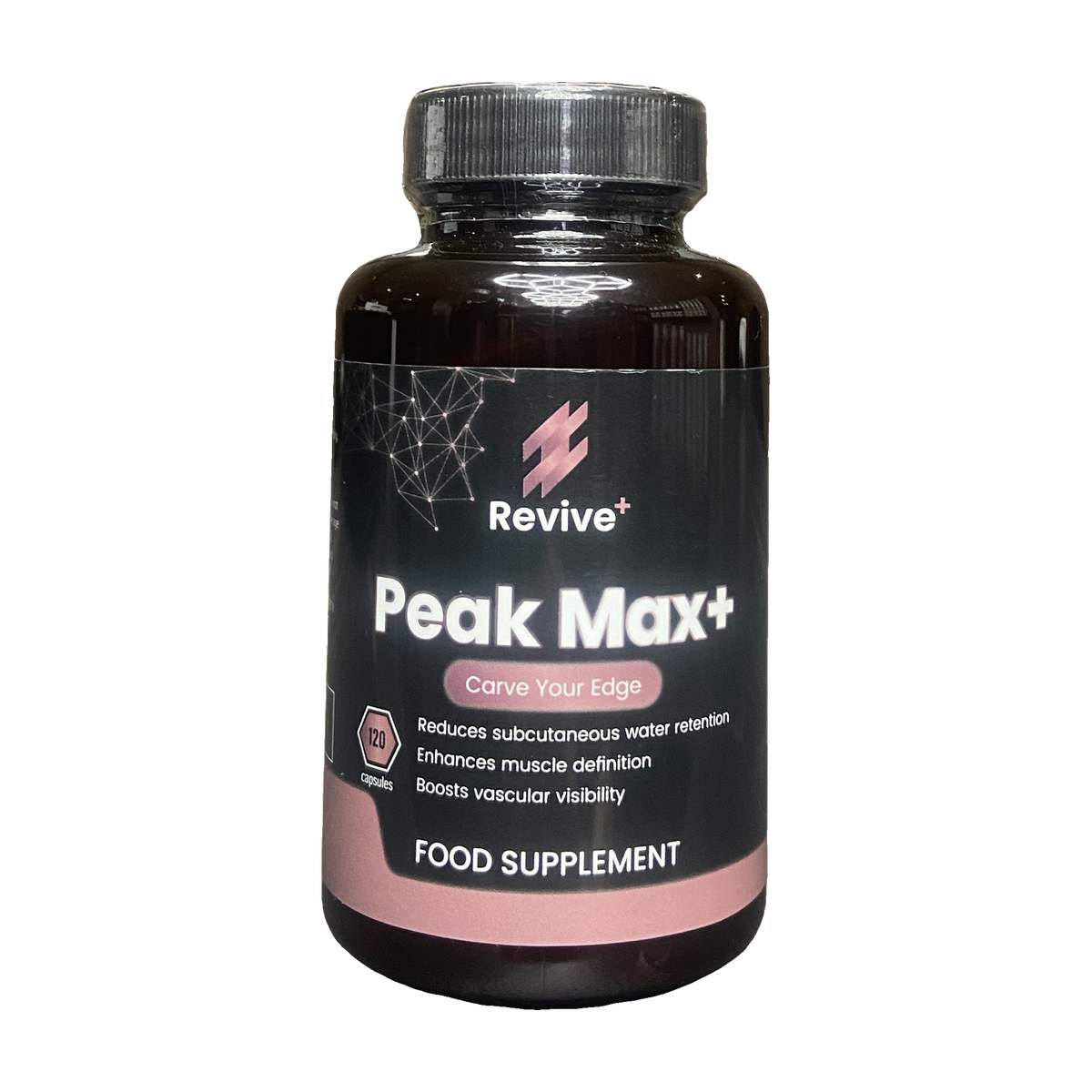 Supplement bottle labeled 'Peak Max+' by Revive+ on a white background