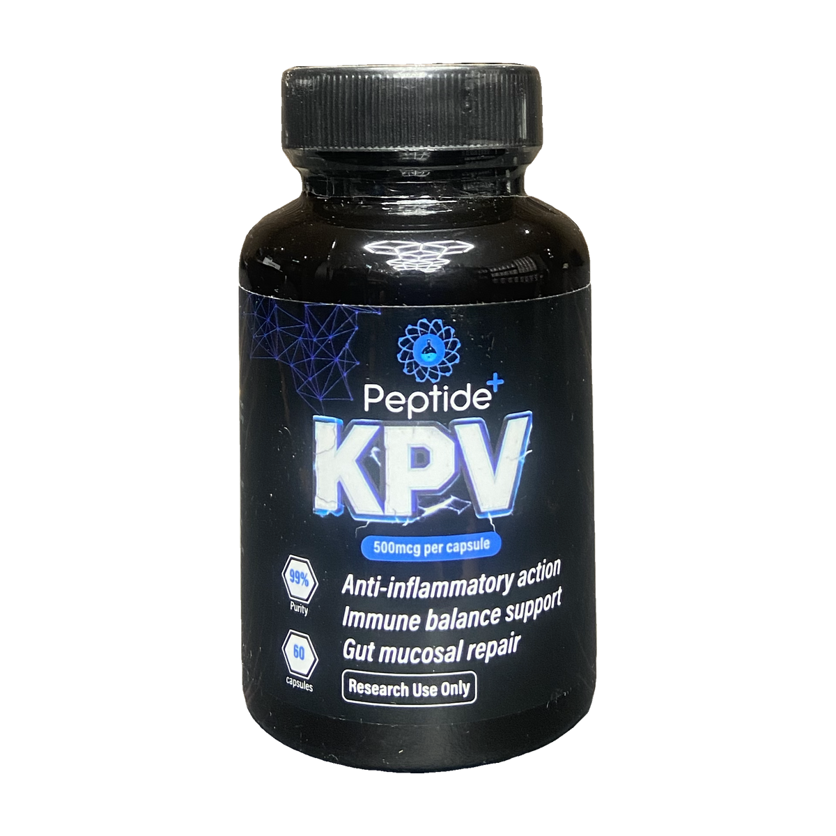 Black bottle of Peptide KPV with blue and white label on a white background