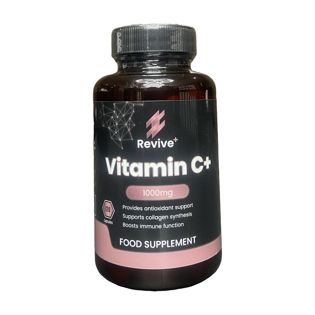 Vitamin C supplement bottle with 'Revive+' branding on a white background