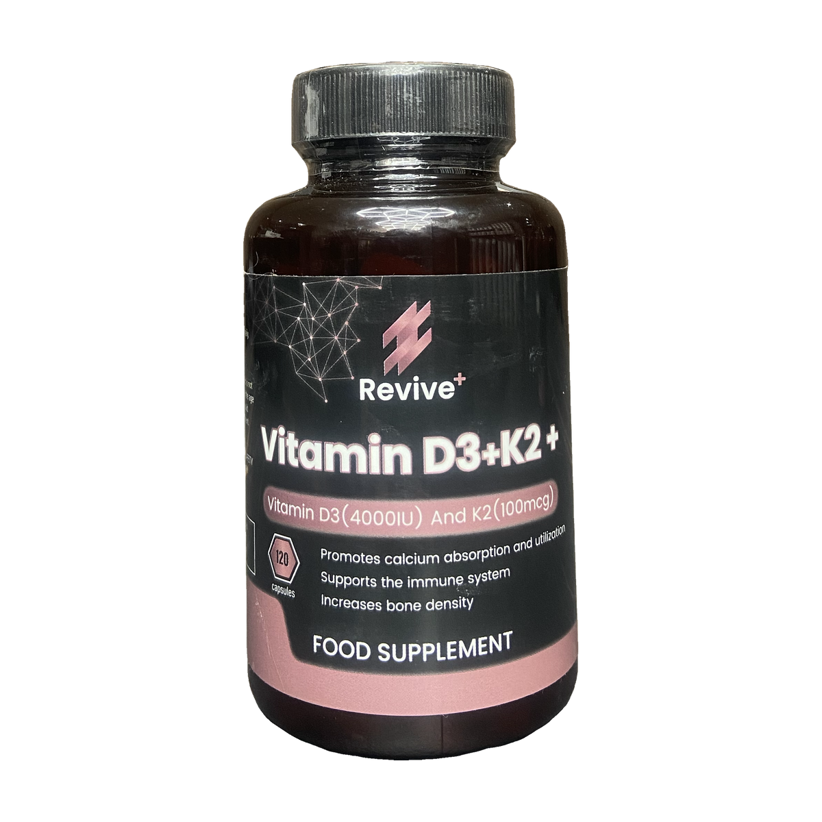 Vitamin D3+K2 supplement bottle with Revive+ branding on a white background
